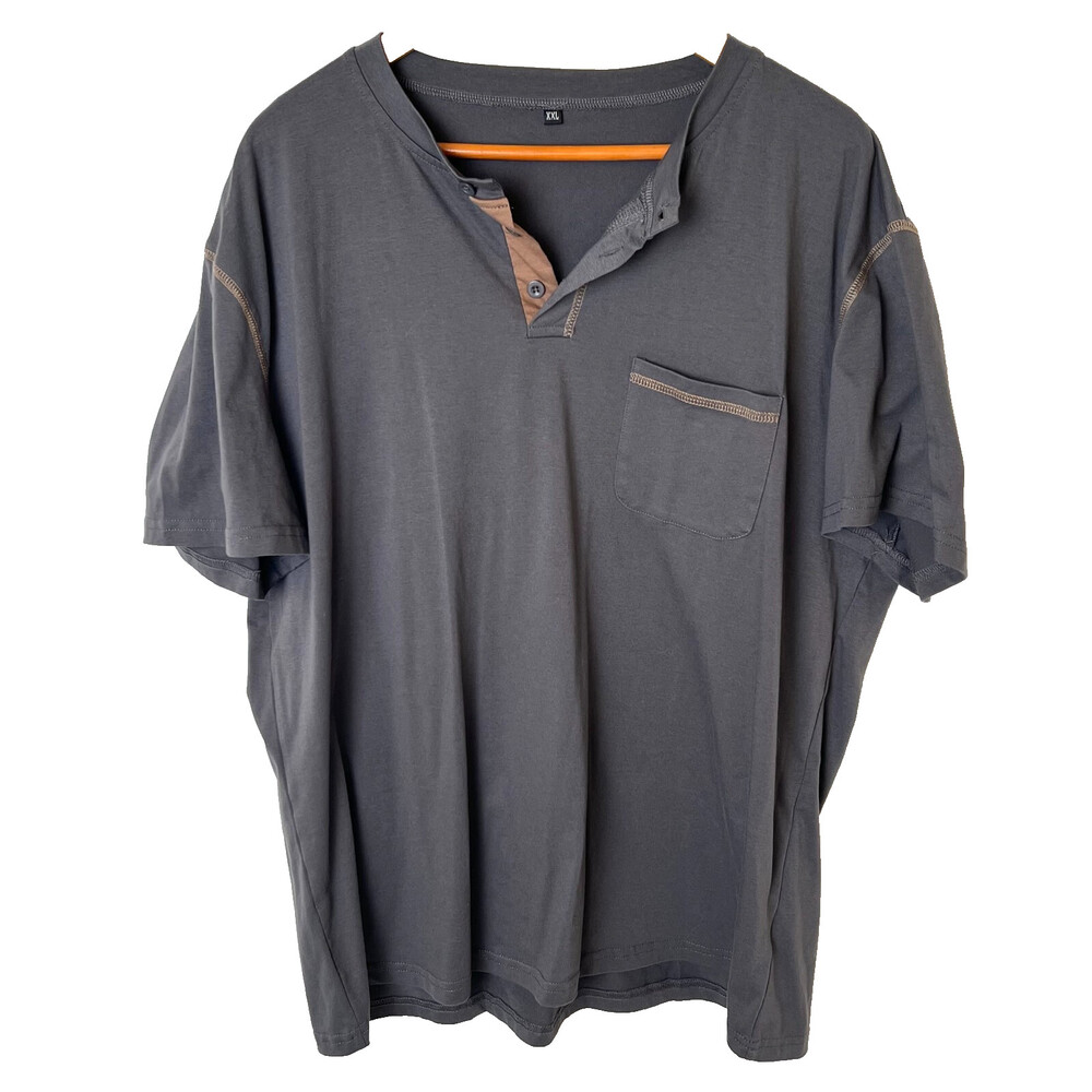 Men's XXL Shirt Short Sleeve Henley Neck Grey and Brown Stretch